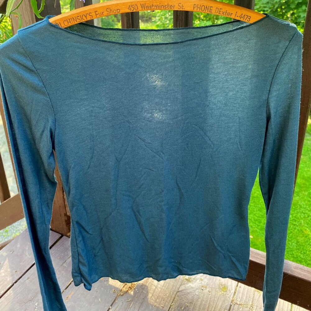 Dazy - 2 Sheer, form fitted tops in a dark teal blue and white - Size Small